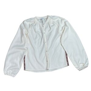 Pleat Cream Boho Embroidered Long Sleeve Button Up Shirt Kids 14